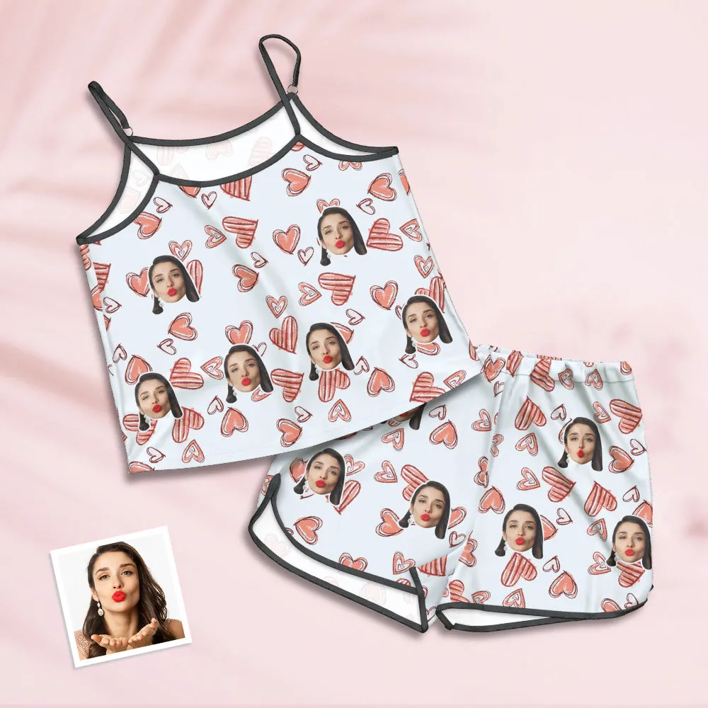 Custom Face Pajamas Suspender Sleepcoat Shorts Lingerie Set Summer Sleepwear - Pink Heart