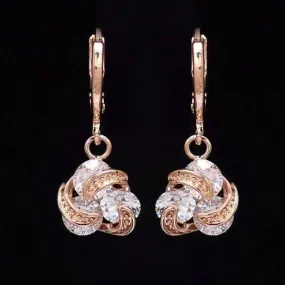 Dangling Three Crystal 18K Rose Gold Spiral Love Knot Earrings