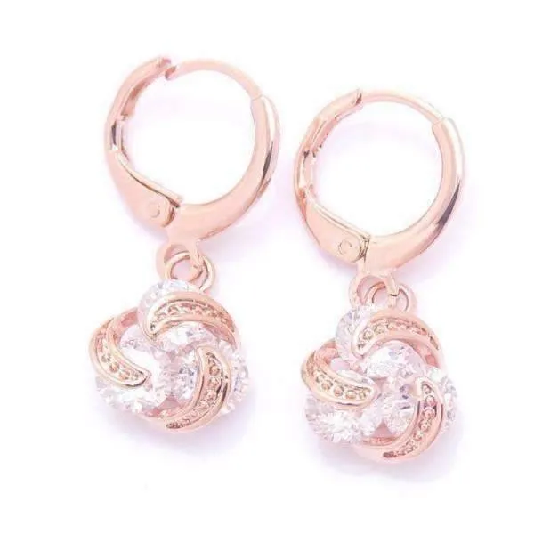 Dangling Three Crystal 18K Rose Gold Spiral Love Knot Earrings