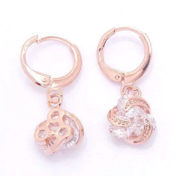 Dangling Three Crystal 18K Rose Gold Spiral Love Knot Earrings