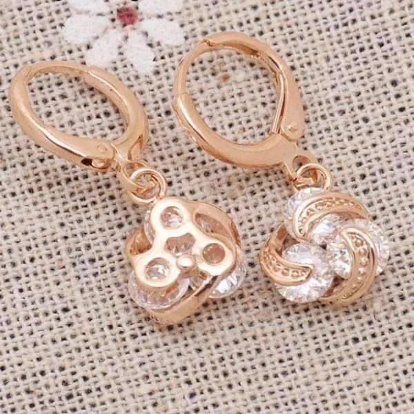 Dangling Three Crystal 18K Rose Gold Spiral Love Knot Earrings