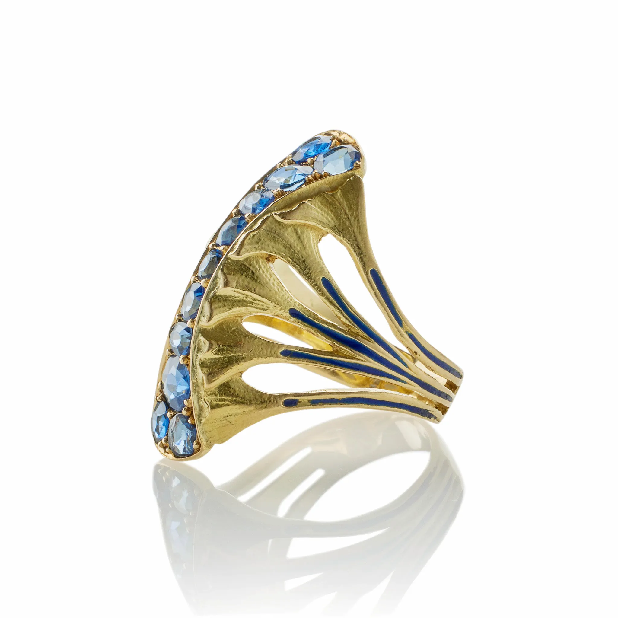 Edouard de Martilly Paris Sapphire and Enamel Lotus Flower Ring