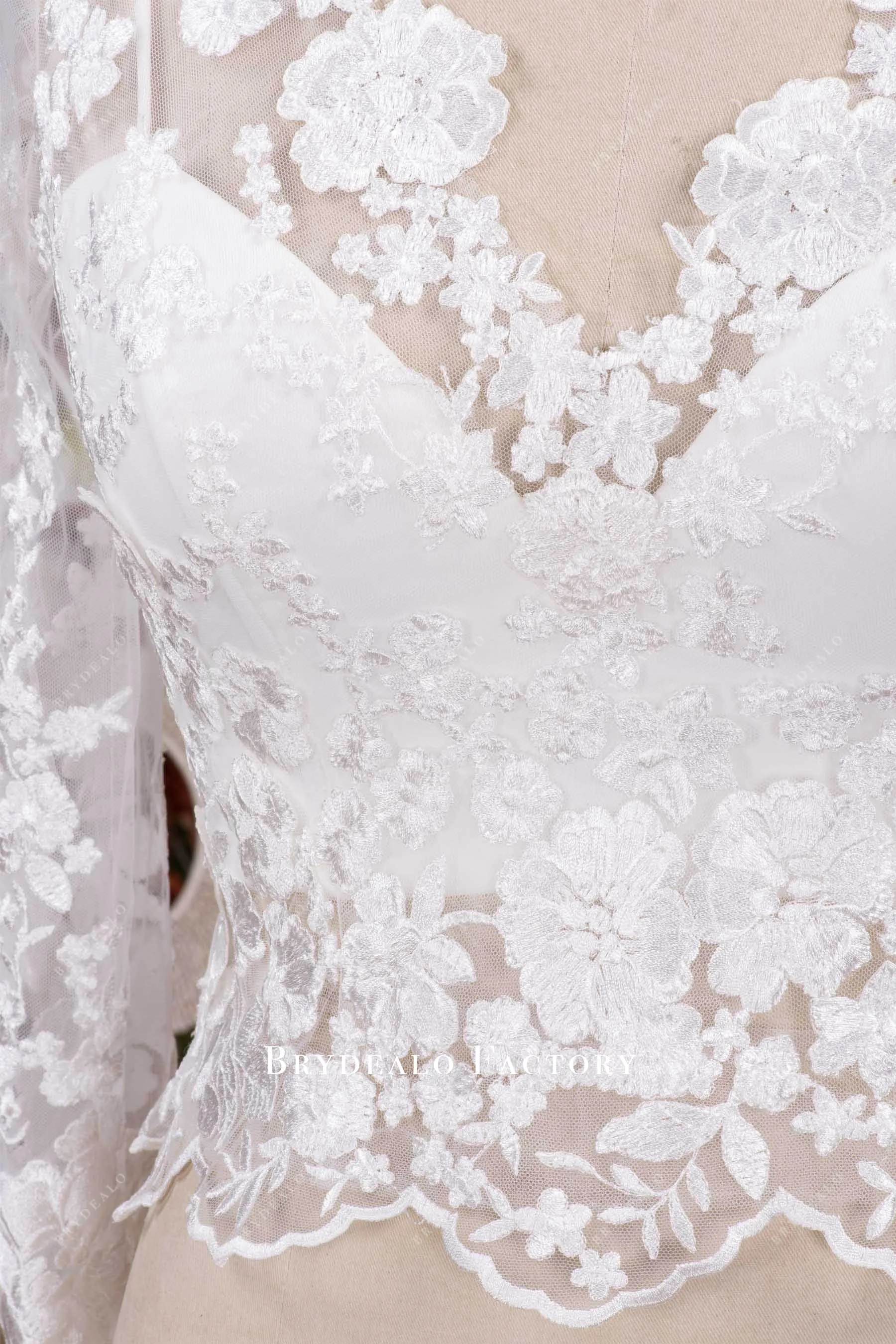 Elegant Long Sleeve Lace V-neck Bridal Top with Crepe Crop