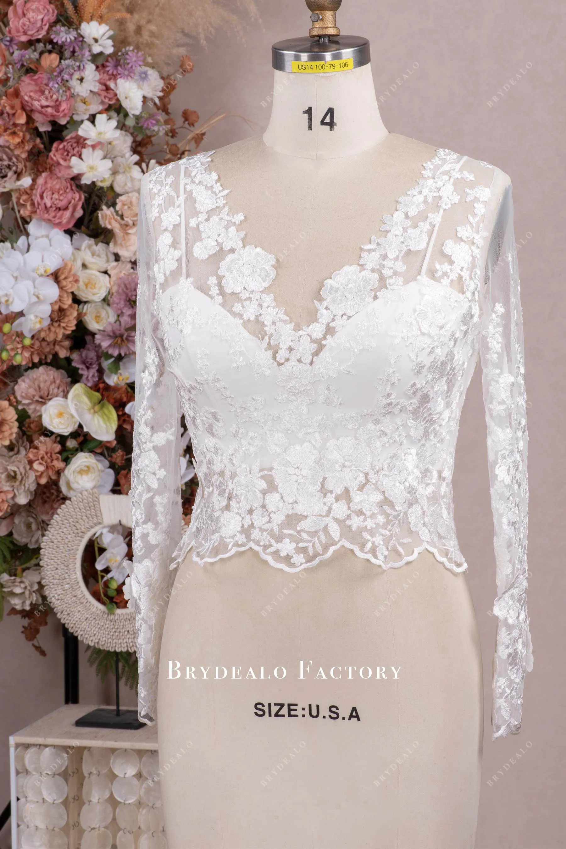 Elegant Long Sleeve Lace V-neck Bridal Top with Crepe Crop