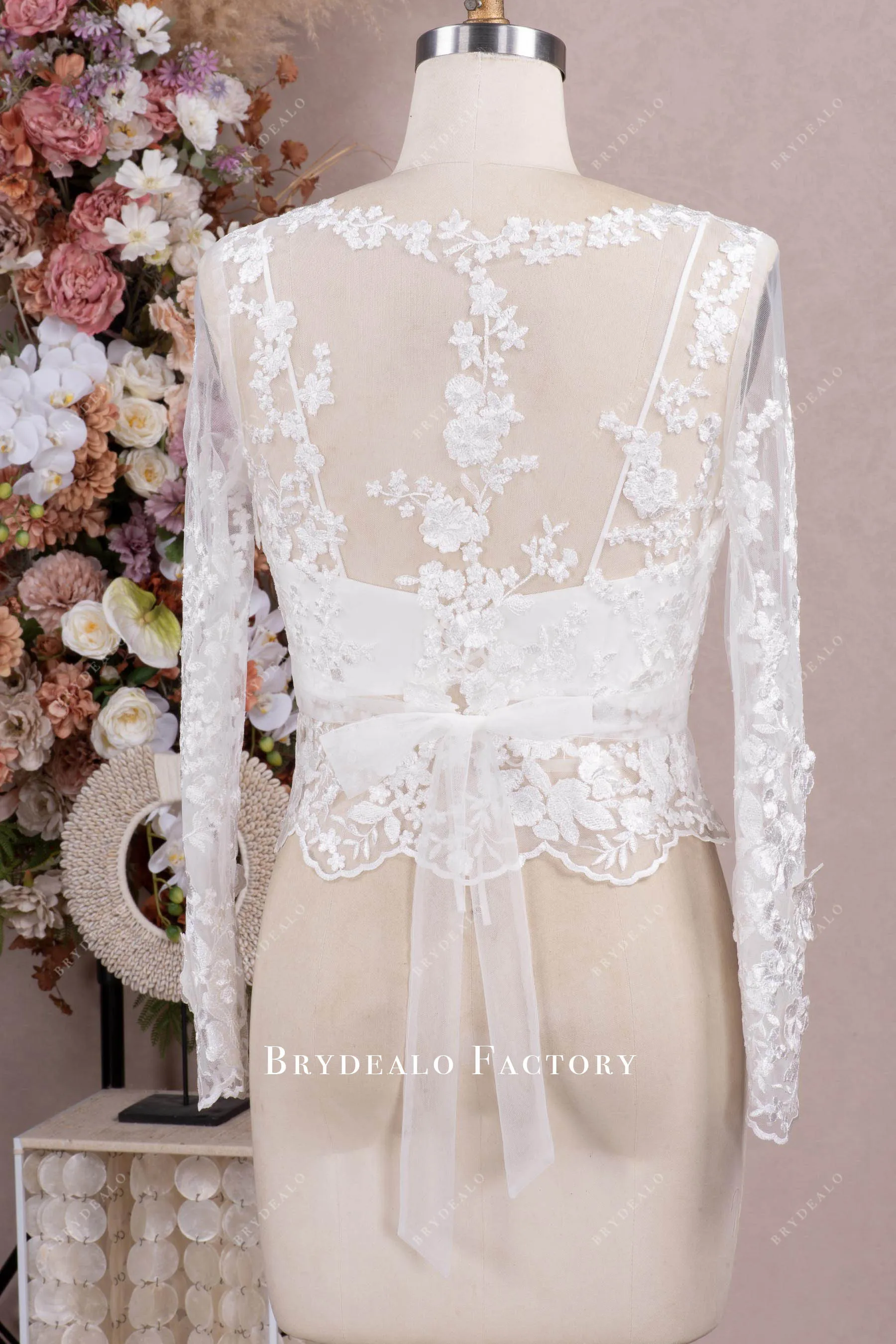 Elegant Long Sleeve Lace V-neck Bridal Top with Crepe Crop