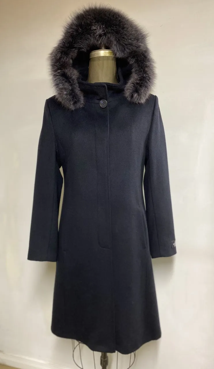 Elena Classic Coat - 50% Cashmere & Wool Blend - Detachable Fox Hood