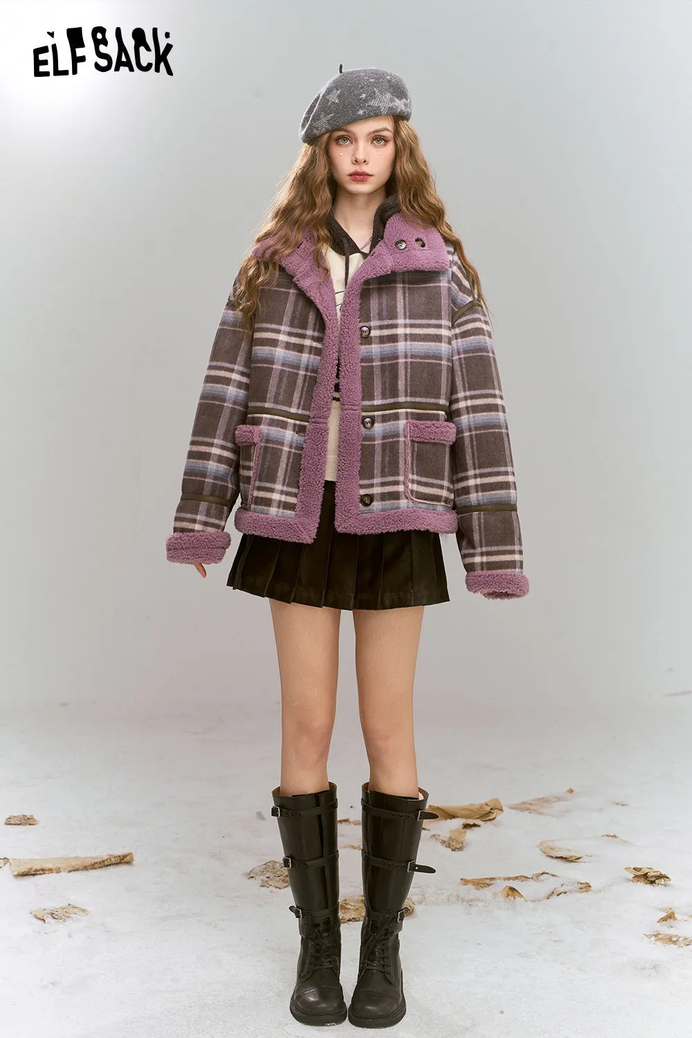 ELFSACK 2024 Winter New Arrivals Retro Preppy Style plaid short plush thick warm coat for women