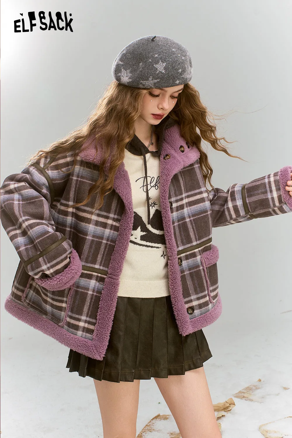 ELFSACK 2024 Winter New Arrivals Retro Preppy Style plaid short plush thick warm coat for women