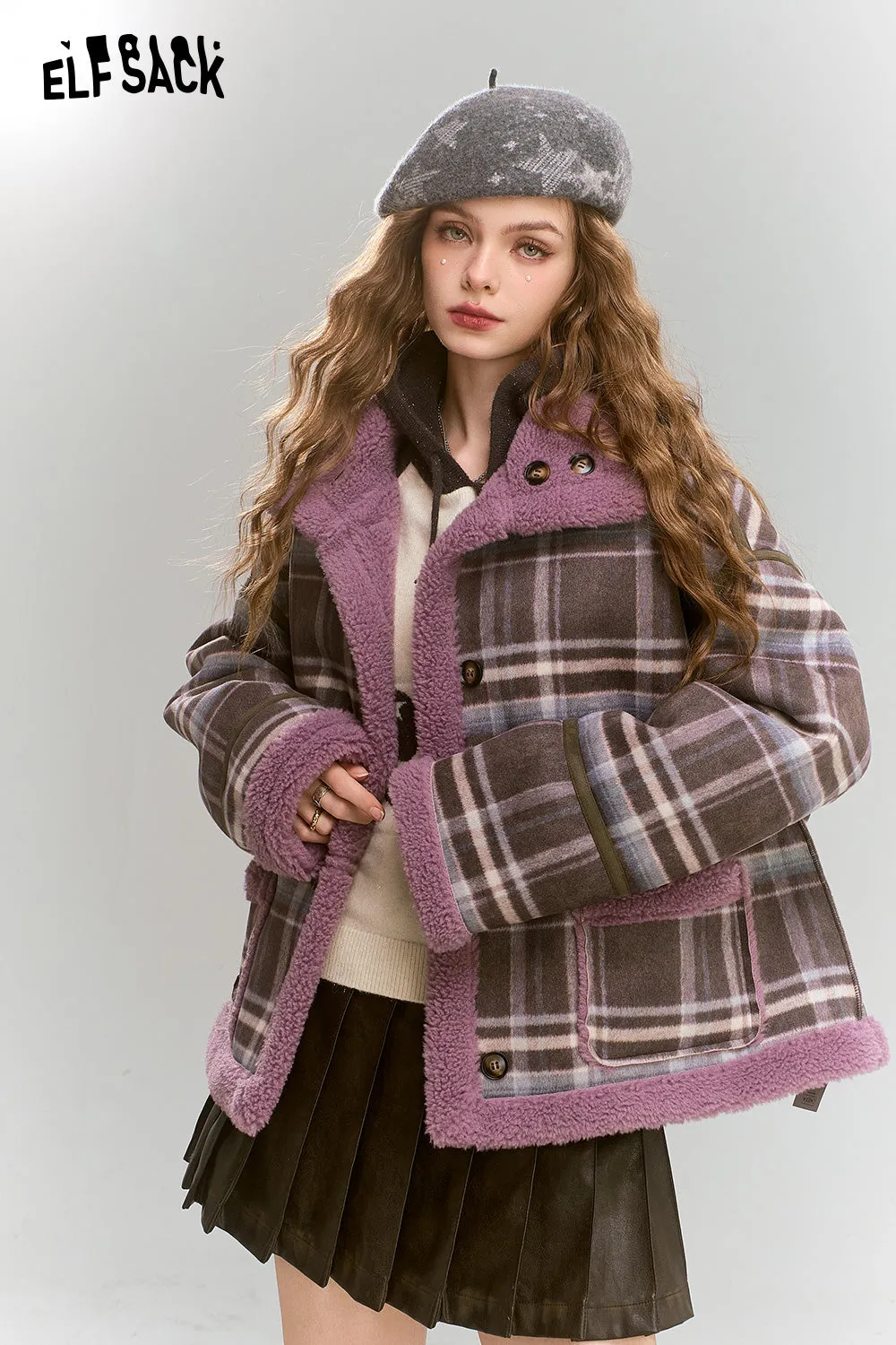 ELFSACK 2024 Winter New Arrivals Retro Preppy Style plaid short plush thick warm coat for women