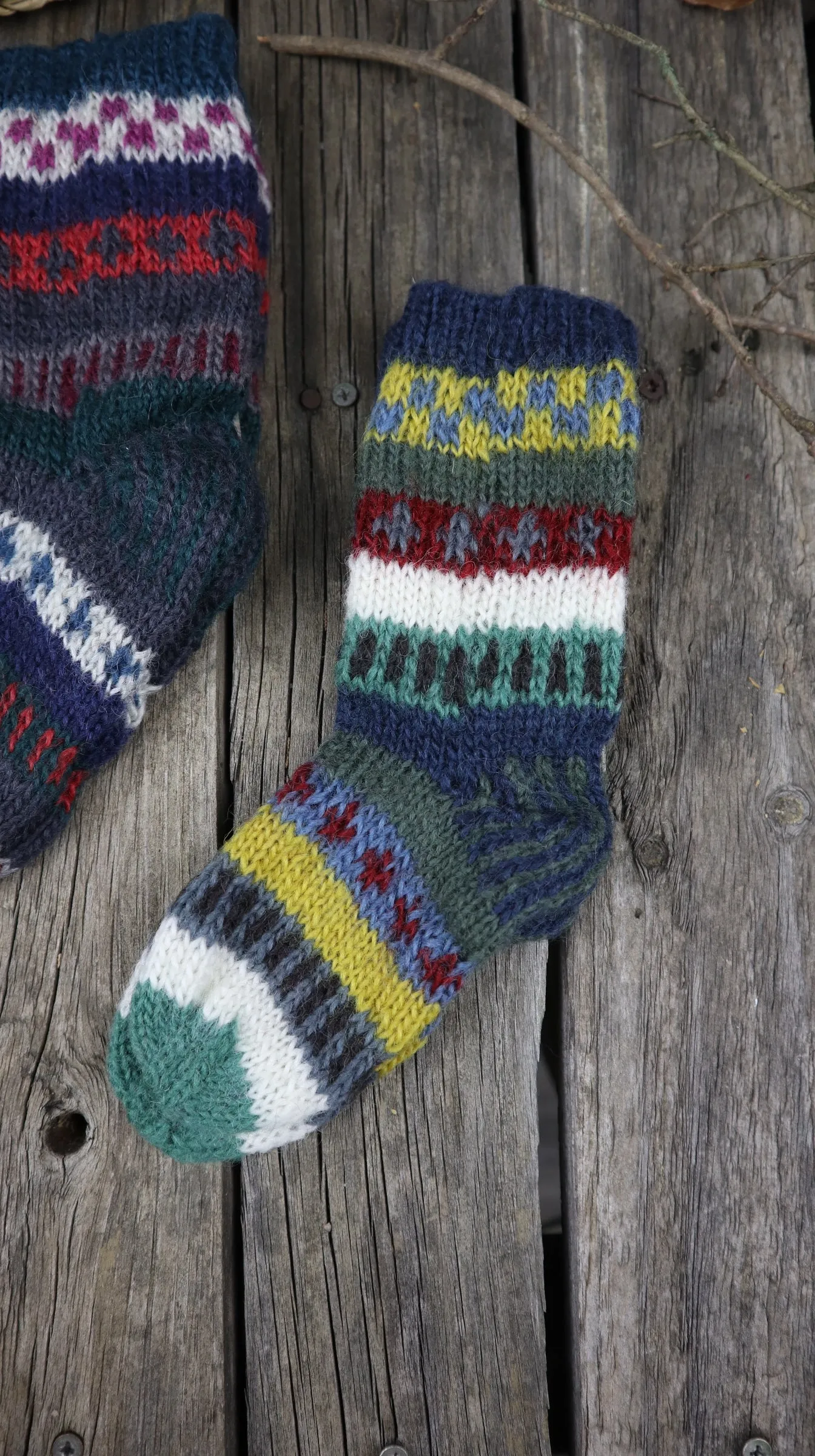 Fair Trade Ethical Children's Patterned Woollen Socks in Green, Brown and Red