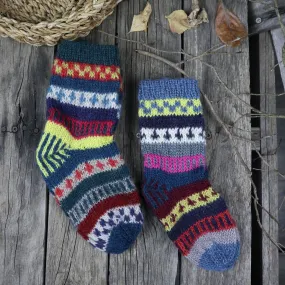 Fair Trade Ethical Children's Patterned Woollen Socks in Green, Grey and Red