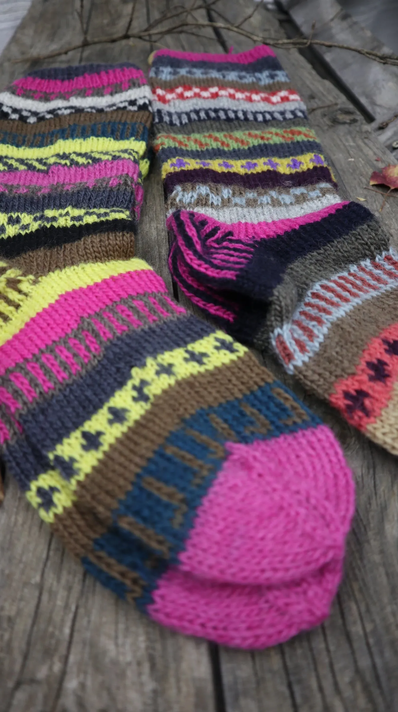 Fair Trade Ethical Long Patterned Wool Socks in Pink, Purple, yellow