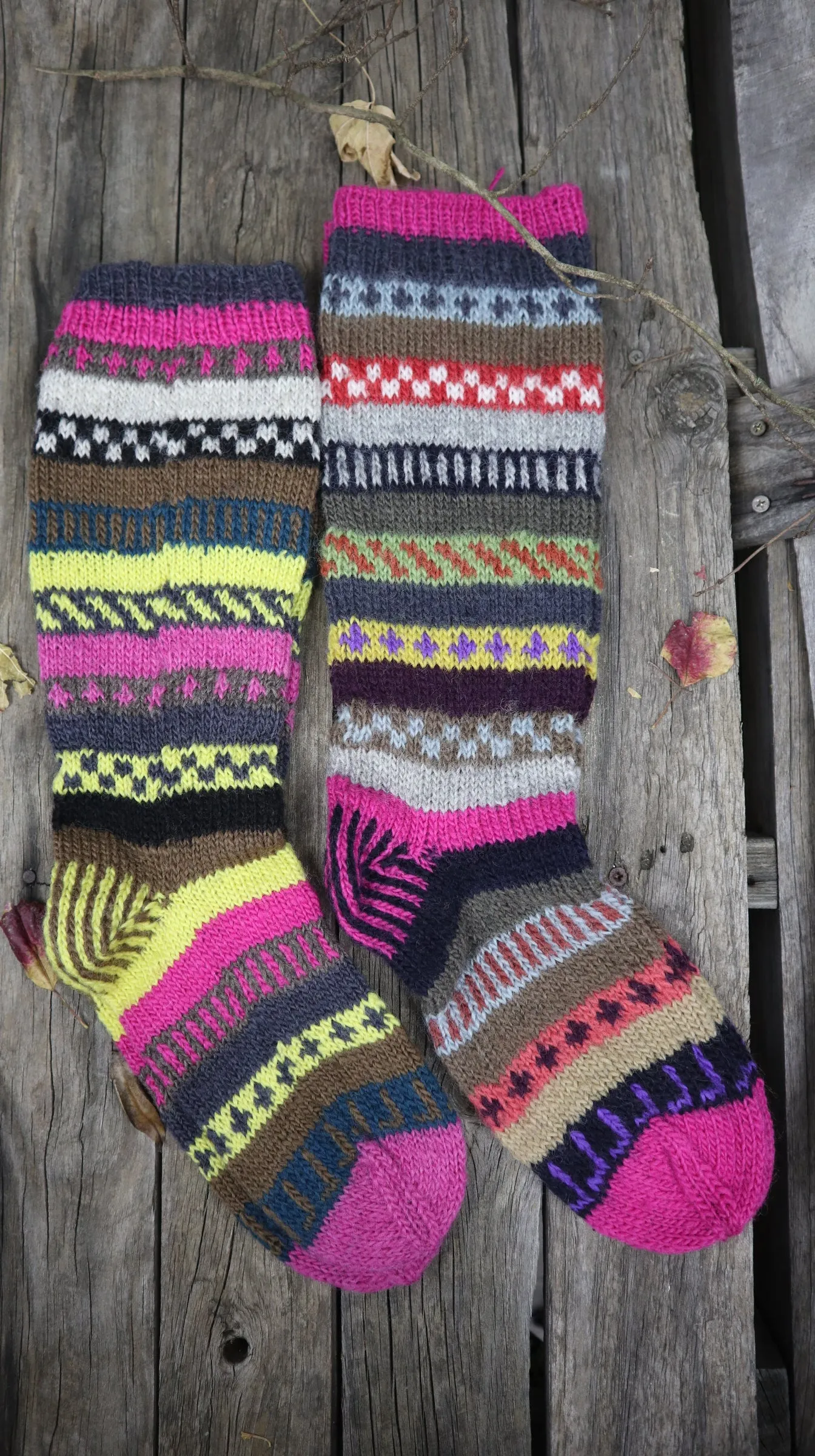 Fair Trade Ethical Long Patterned Wool Socks in Pink, Purple, yellow