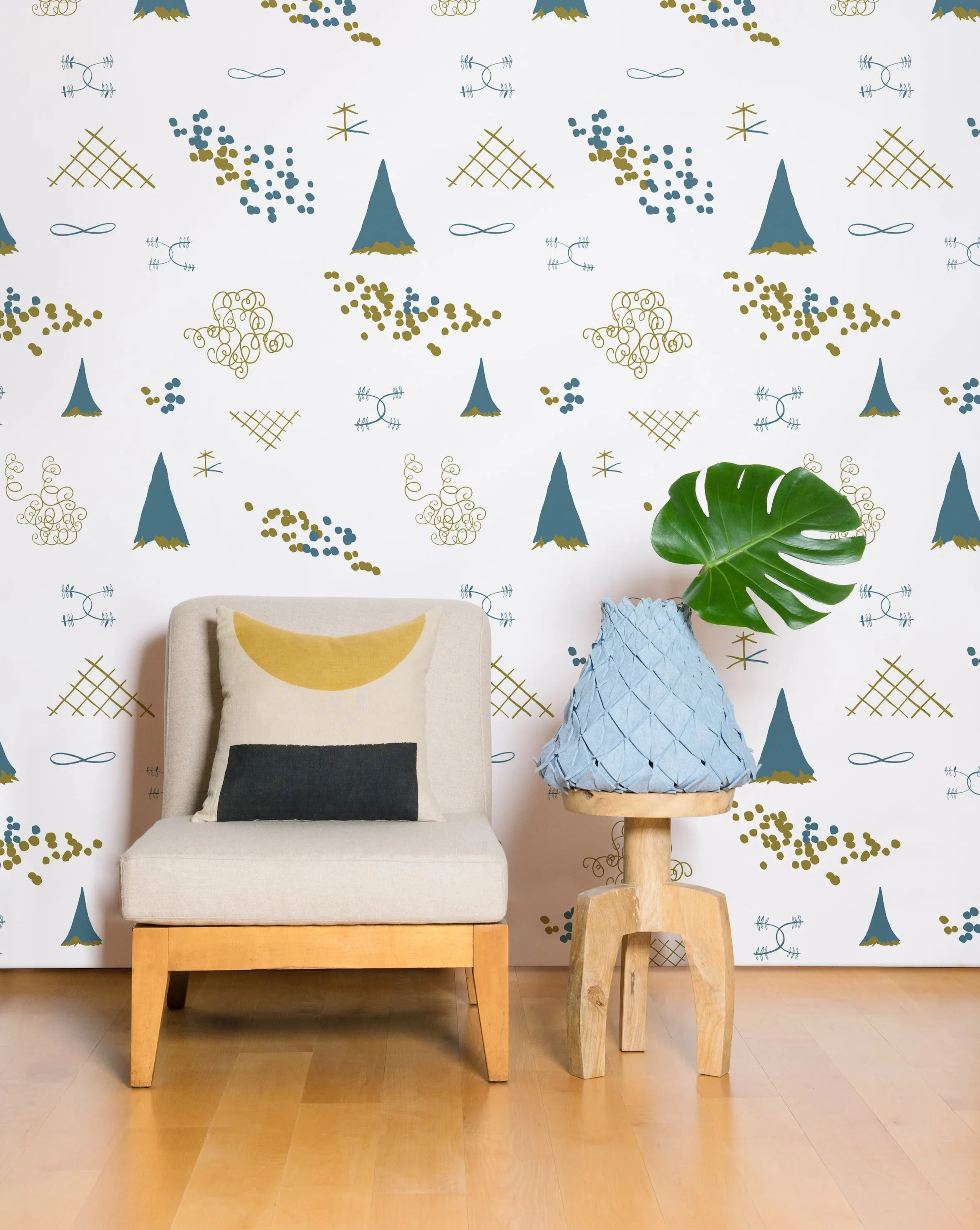 Family Reunion - Aquatic and Gold on Cream - Residential Wallpaper