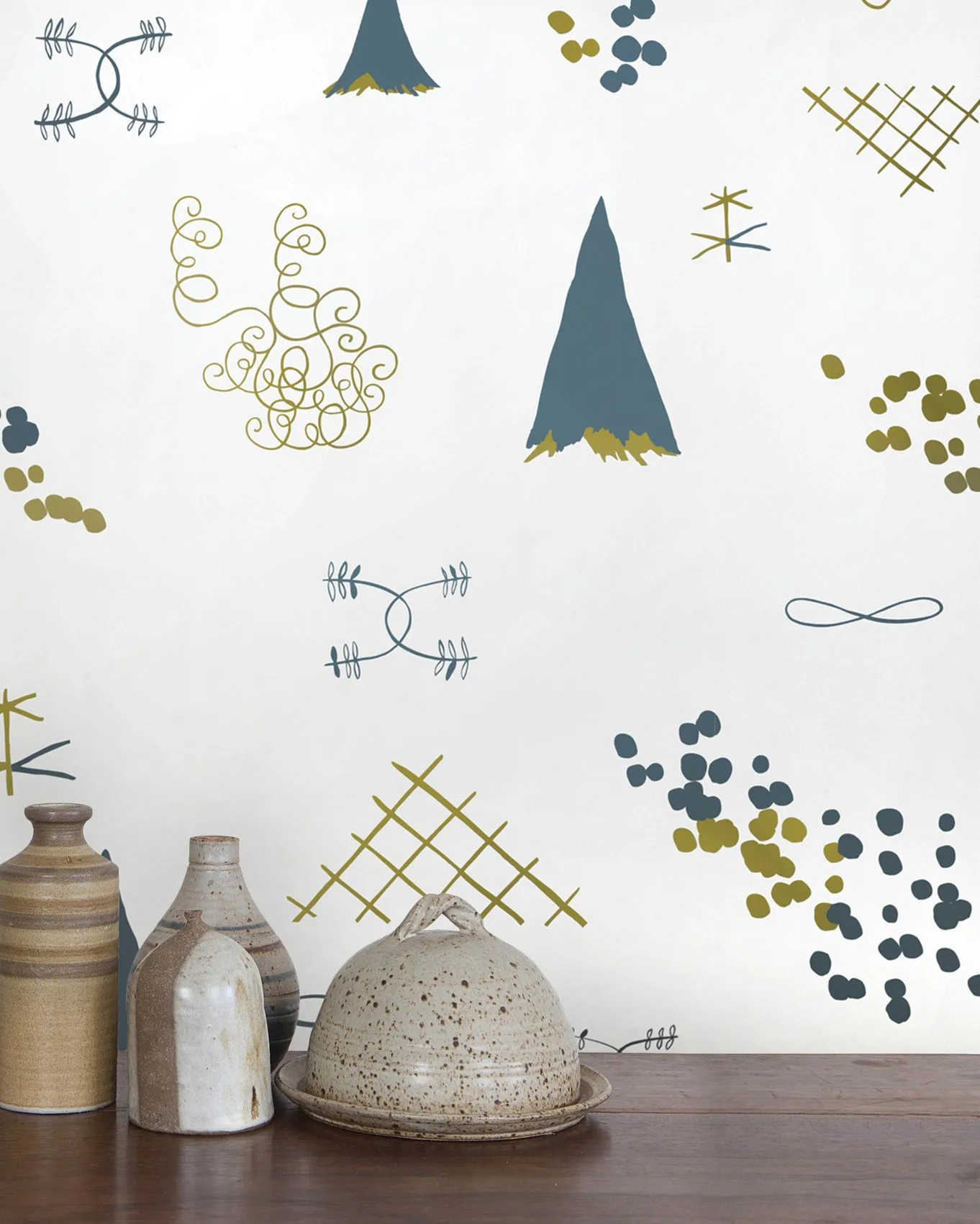 Family Reunion - Aquatic and Gold on Cream - Residential Wallpaper