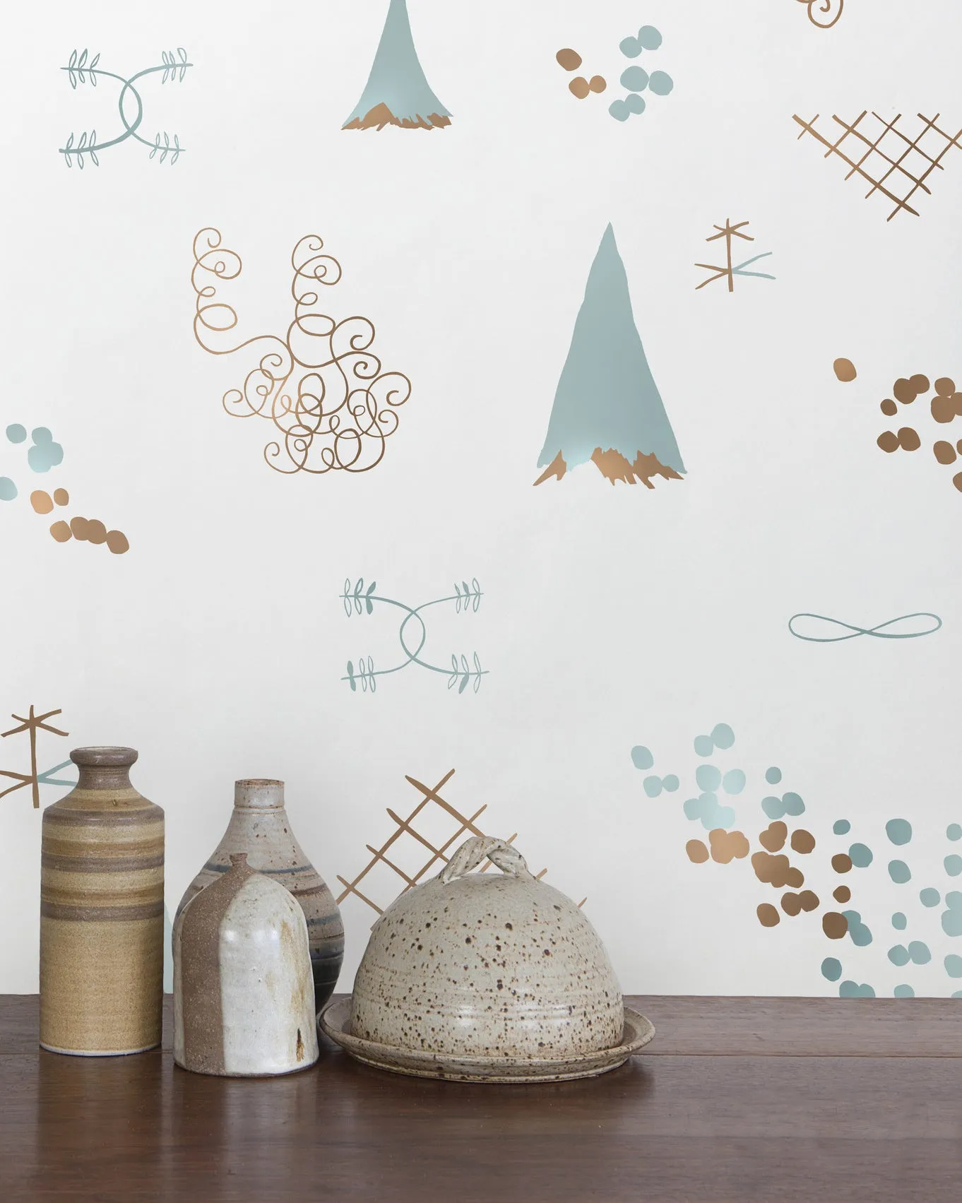 Family Reunion - Copper and Patina on Cream - Residential Wallpaper