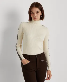 Faux-Leather-Trim Turtleneck Sweater In Cream/Brown