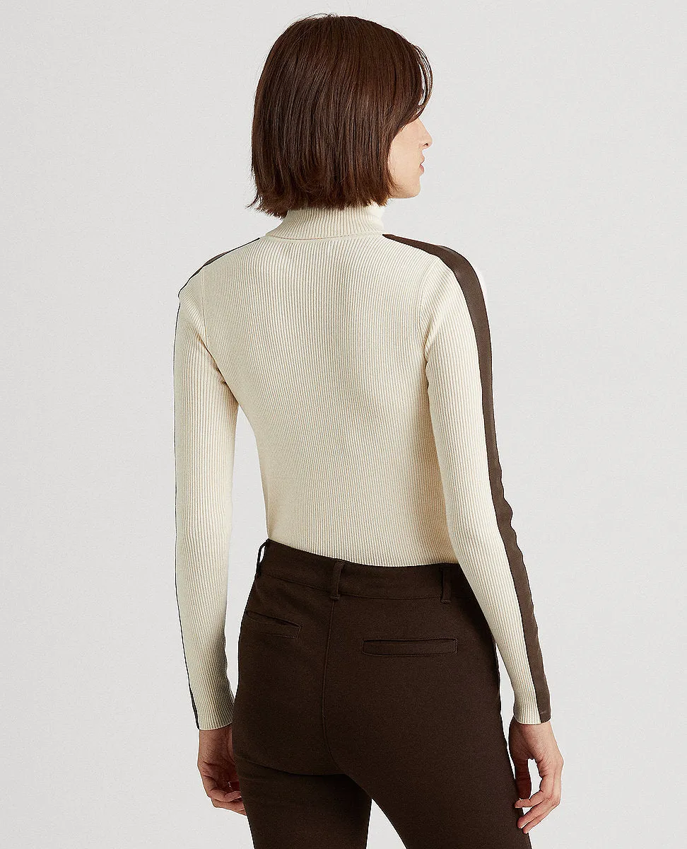 Faux-Leather-Trim Turtleneck Sweater In Cream/Brown