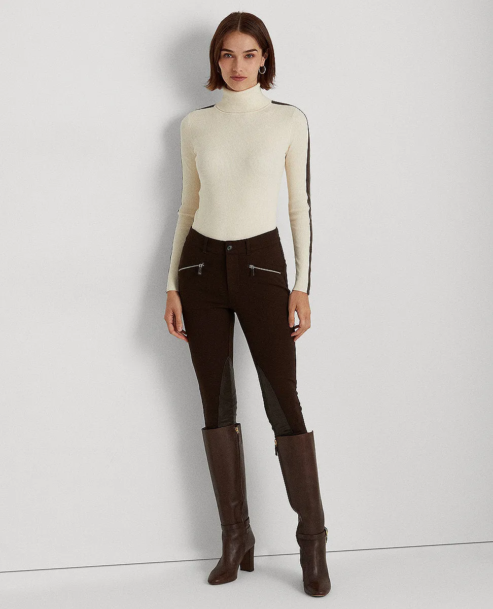 Faux-Leather-Trim Turtleneck Sweater In Cream/Brown