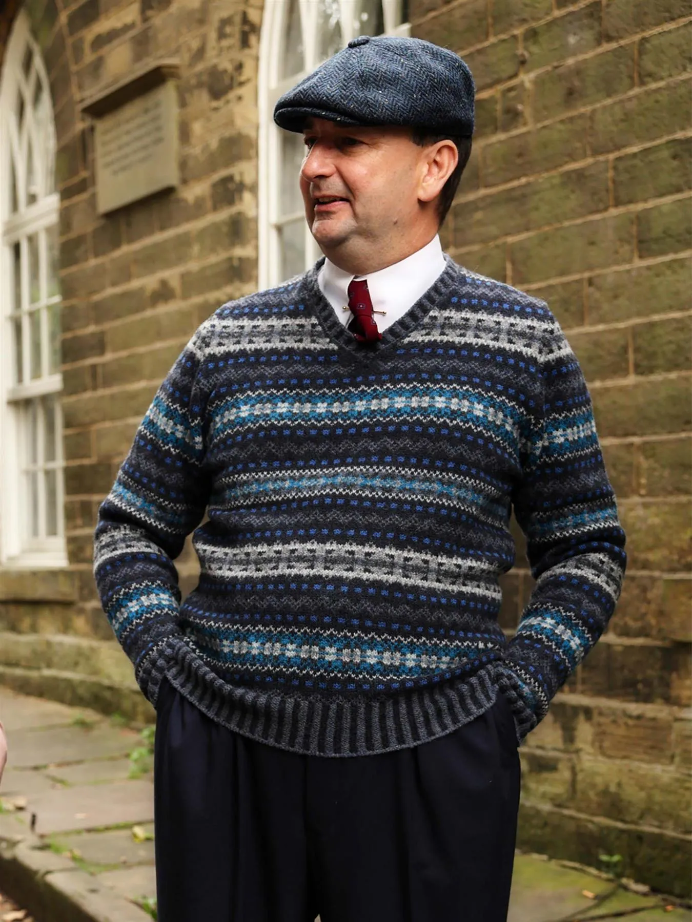 Forties Vintage Edward Wool Fairisle Jersey in Storm Blue