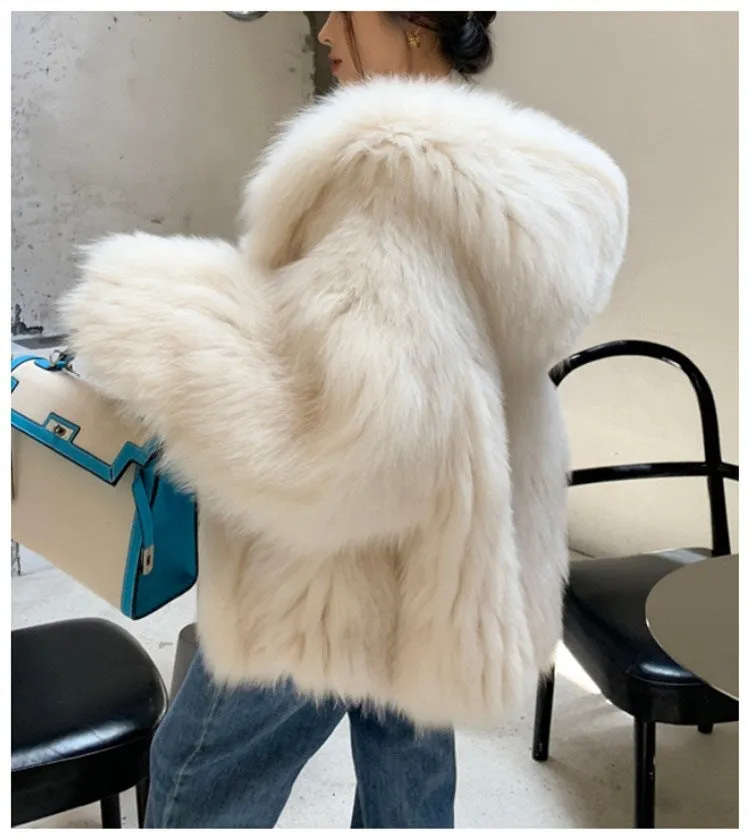 Girlary-shop 2000s fashion Fur Coat Encrypted Woven Faux Fox Fur Coat Women's Hooded Big White Bear Young Fur Coat