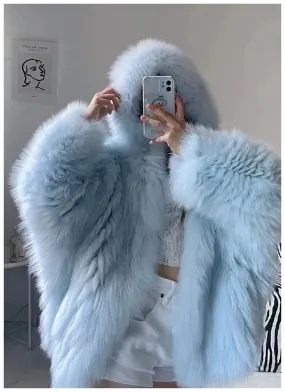 Girlary-shop 2000s fashion Fur Coat Encrypted Woven Faux Fox Fur Coat Women's Hooded Big White Bear Young Fur Coat