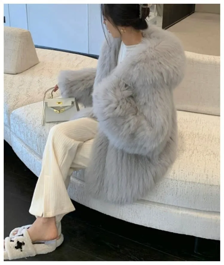 Girlary-shop 2000s fashion Fur Coat Encrypted Woven Faux Fox Fur Coat Women's Hooded Big White Bear Young Fur Coat