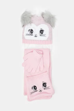 Girls Pink Embellished Scarf Set (3 Piece)