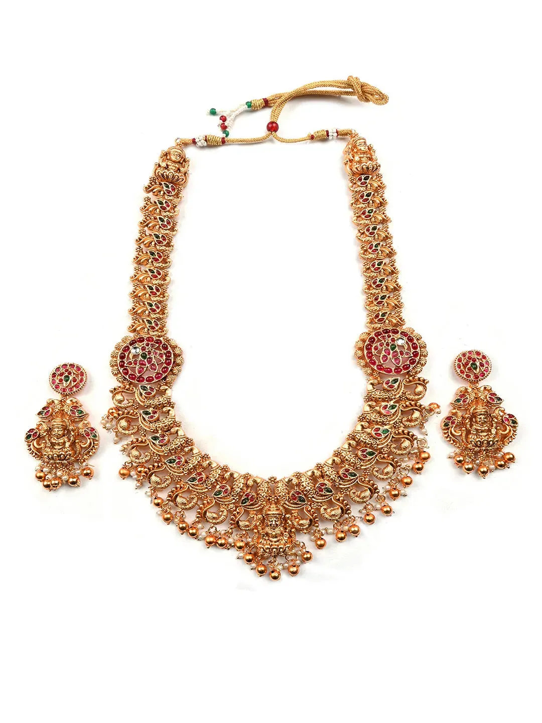 Gold Plated Mahalakshmi Long Necklace Set With Golden Beads | Handcrafted Haram Set