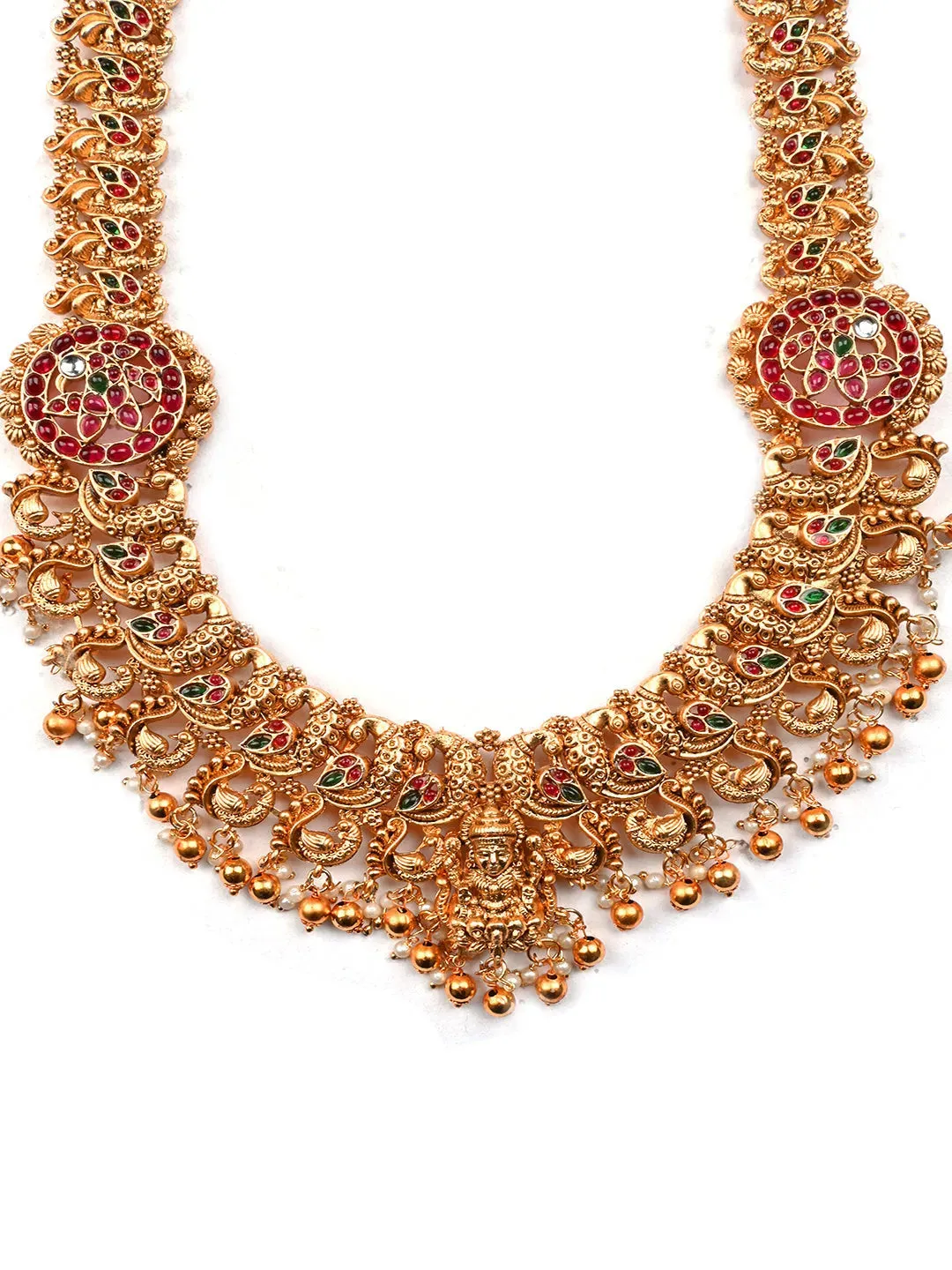 Gold Plated Mahalakshmi Long Necklace Set With Golden Beads | Handcrafted Haram Set