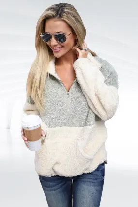 Grey White Zip Neck Oversize Fluffy Fleece Pullover