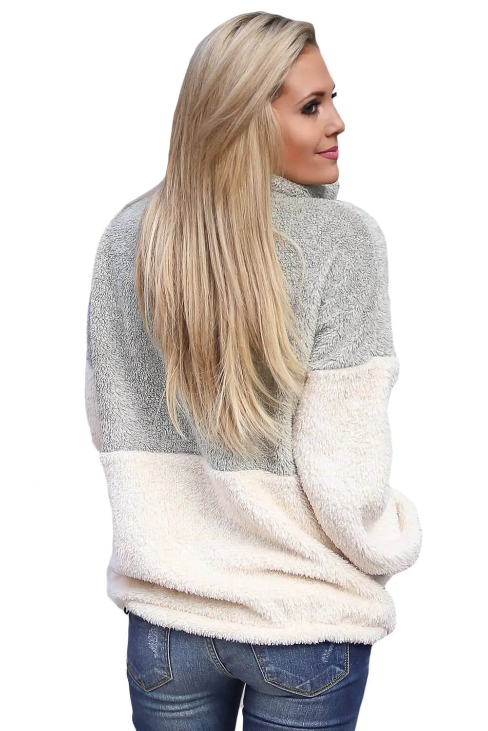 Grey White Zip Neck Oversize Fluffy Fleece Pullover