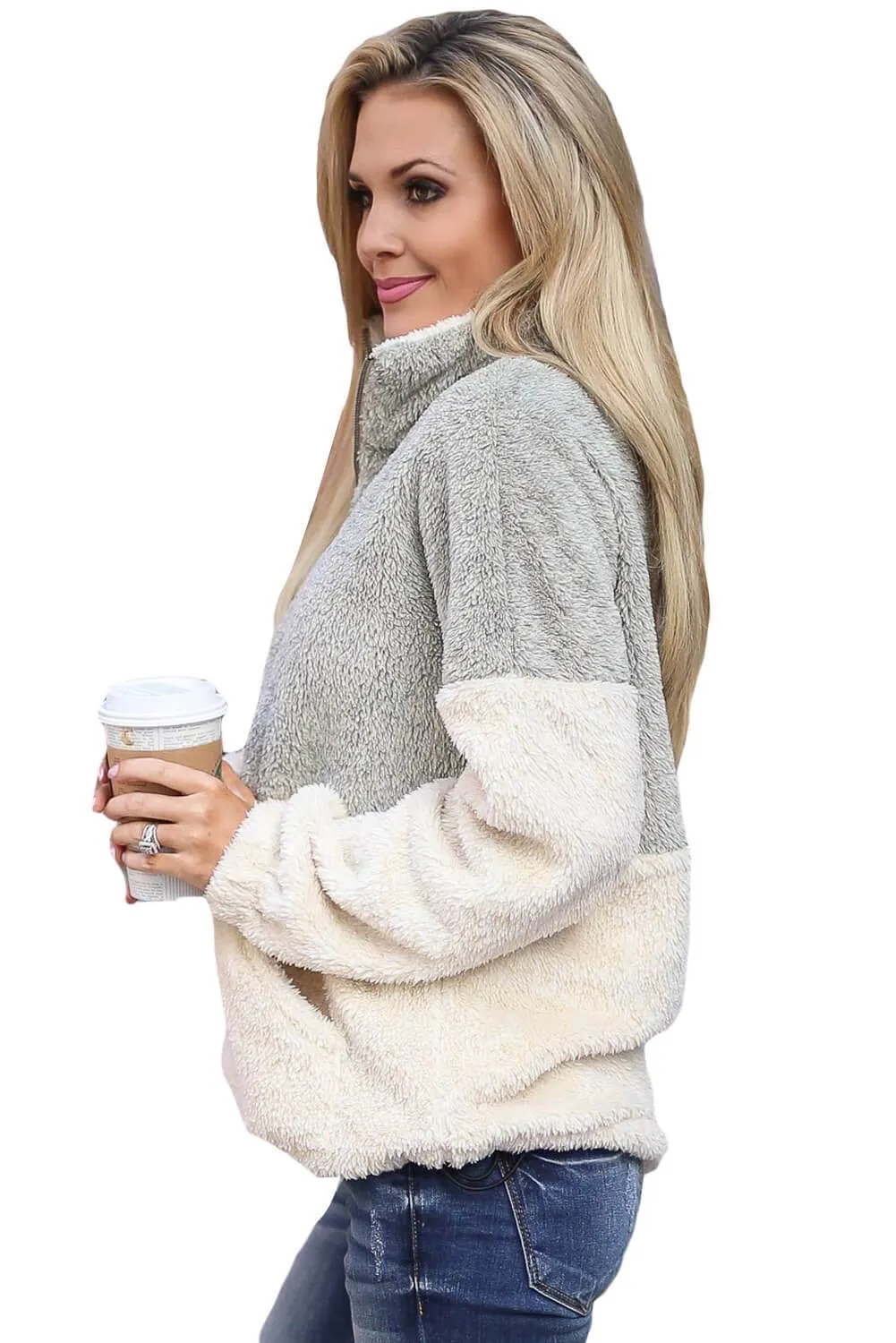 Grey White Zip Neck Oversize Fluffy Fleece Pullover