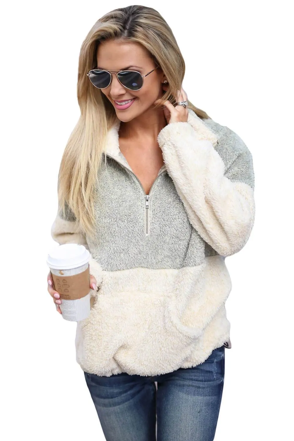 Grey White Zip Neck Oversize Fluffy Fleece Pullover