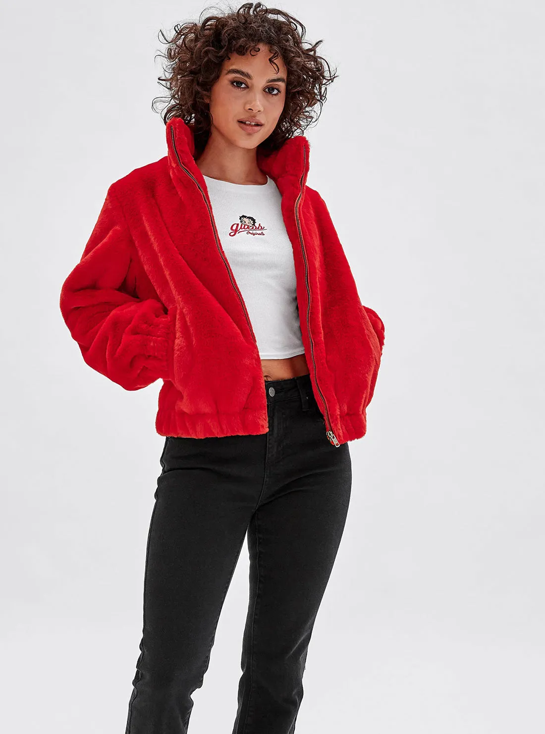 Guess Originals x Betty Boop Red Faux Fur Jacket