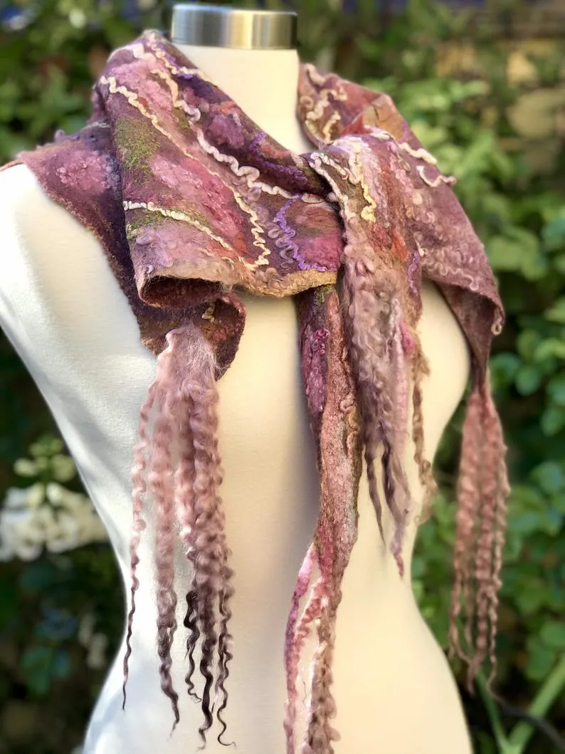 Hand Felted Neckerchief for Women, Wool Felted Wrap, Triangular Scarf, Shoulder Wrap, Nuno Felted Scarf with Сurls of Sheep hand dyeing