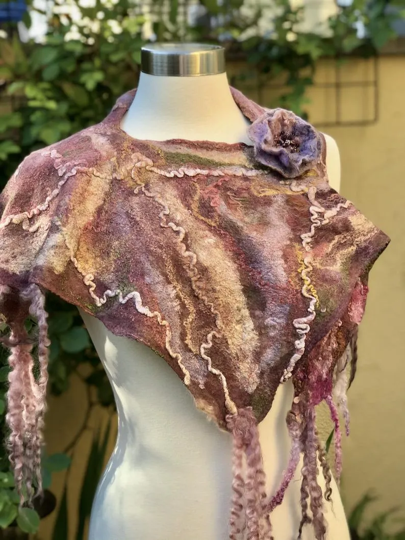 Hand Felted Neckerchief for Women, Wool Felted Wrap, Triangular Scarf, Shoulder Wrap, Nuno Felted Scarf with Сurls of Sheep hand dyeing