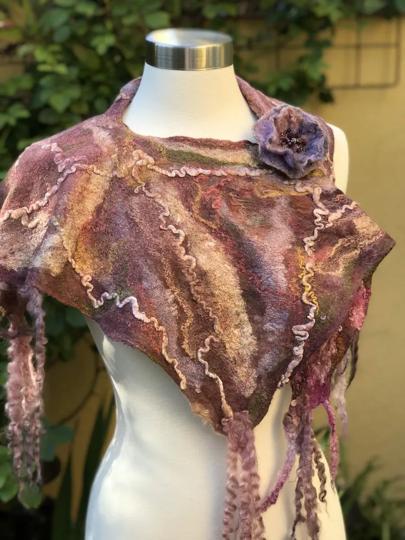 Hand Felted Neckerchief for Women, Wool Felted Wrap, Triangular Scarf, Shoulder Wrap, Nuno Felted Scarf with Сurls of Sheep hand dyeing