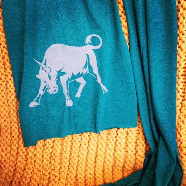 Hand Silk-Screened Bullicorn Jersey Scarf in Green