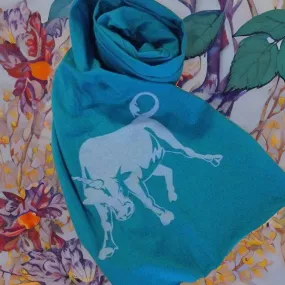 Hand Silk-Screened Bullicorn Jersey Scarf in Green