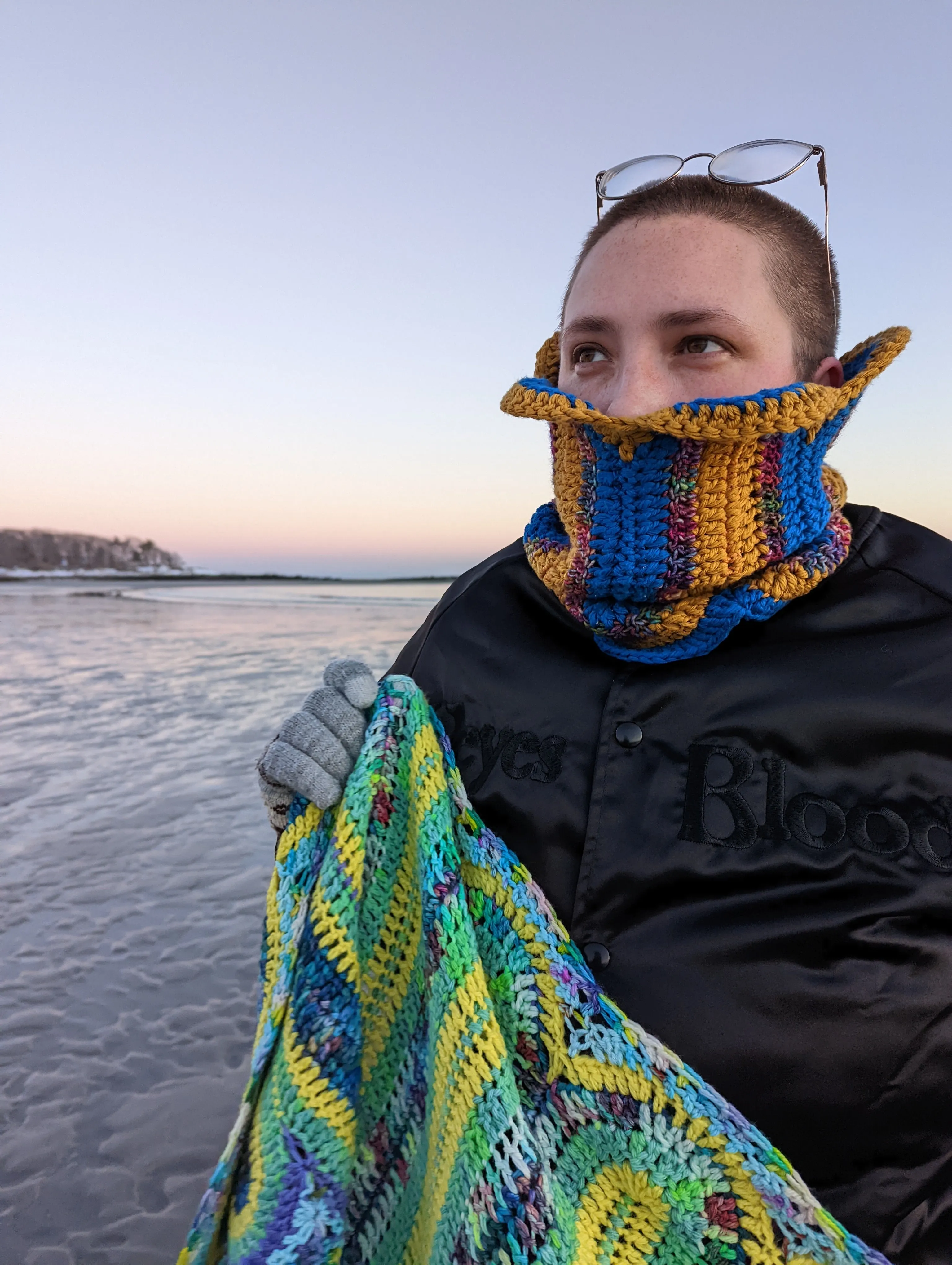 Handmade Ribbon Candy Cowl: Deep Goldenrod, Burgundy Rainbow, Cobalt