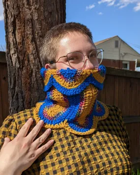 Handmade Ribbon Candy Cowl: Deep Goldenrod, Burgundy Rainbow, Cobalt