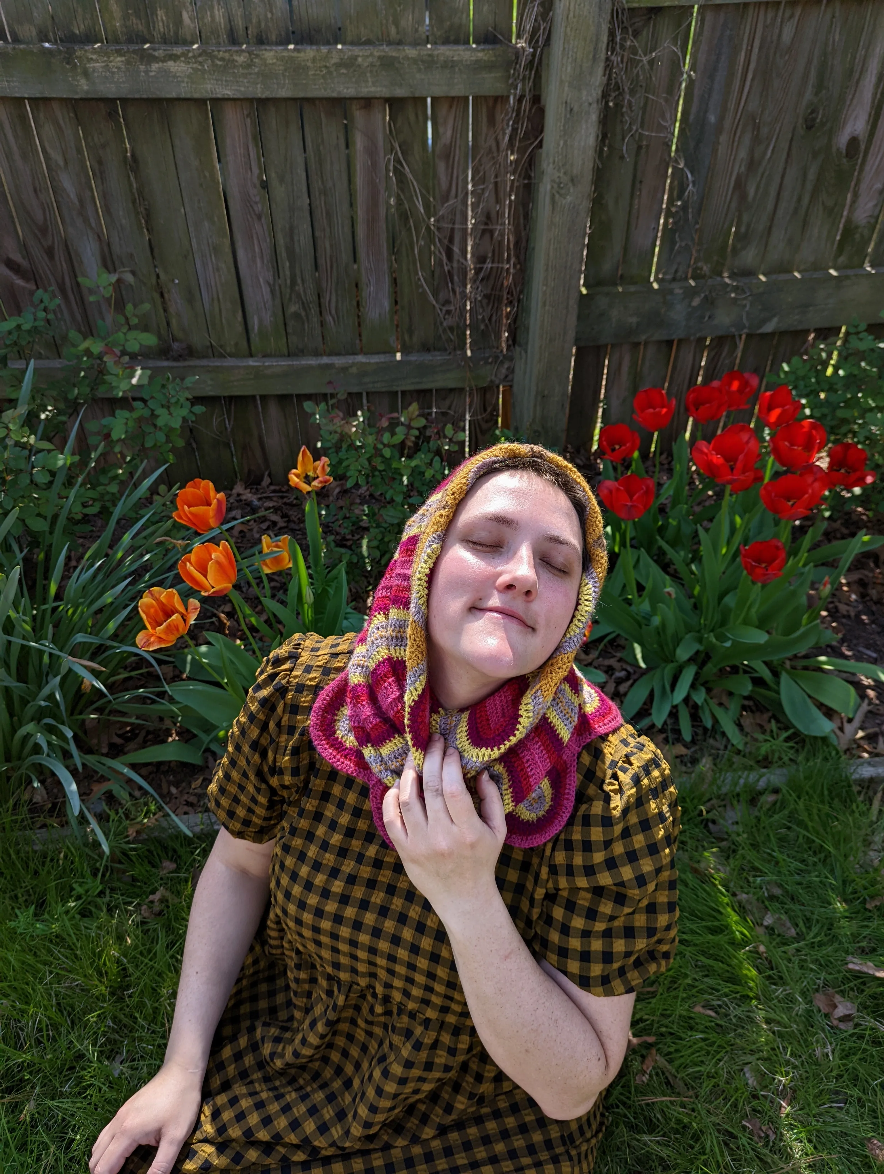 Handmade Ribbon Candy Cowl: Warm Pink, Deep Burgundy, Chartreuse