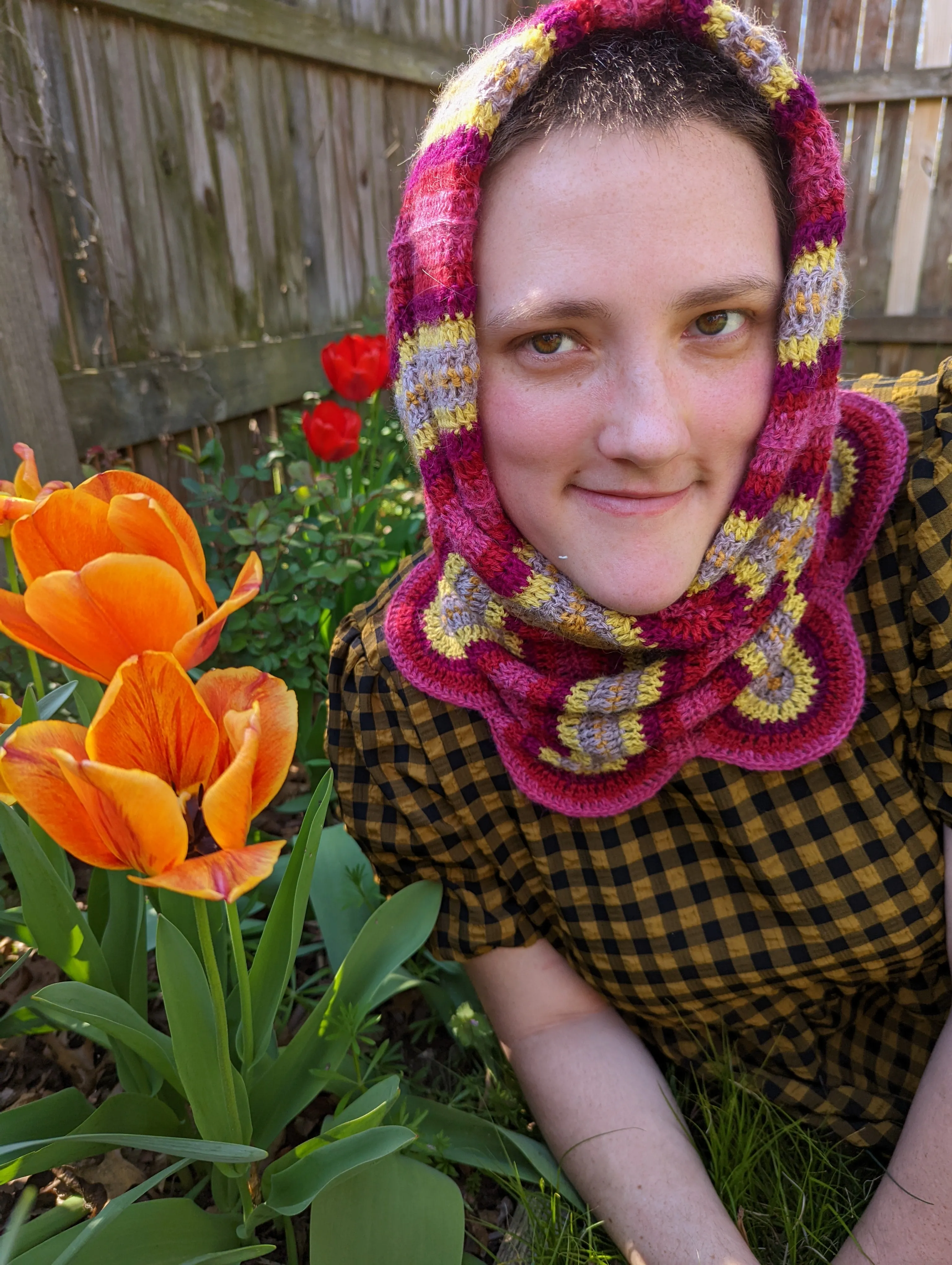 Handmade Ribbon Candy Cowl: Warm Pink, Deep Burgundy, Chartreuse