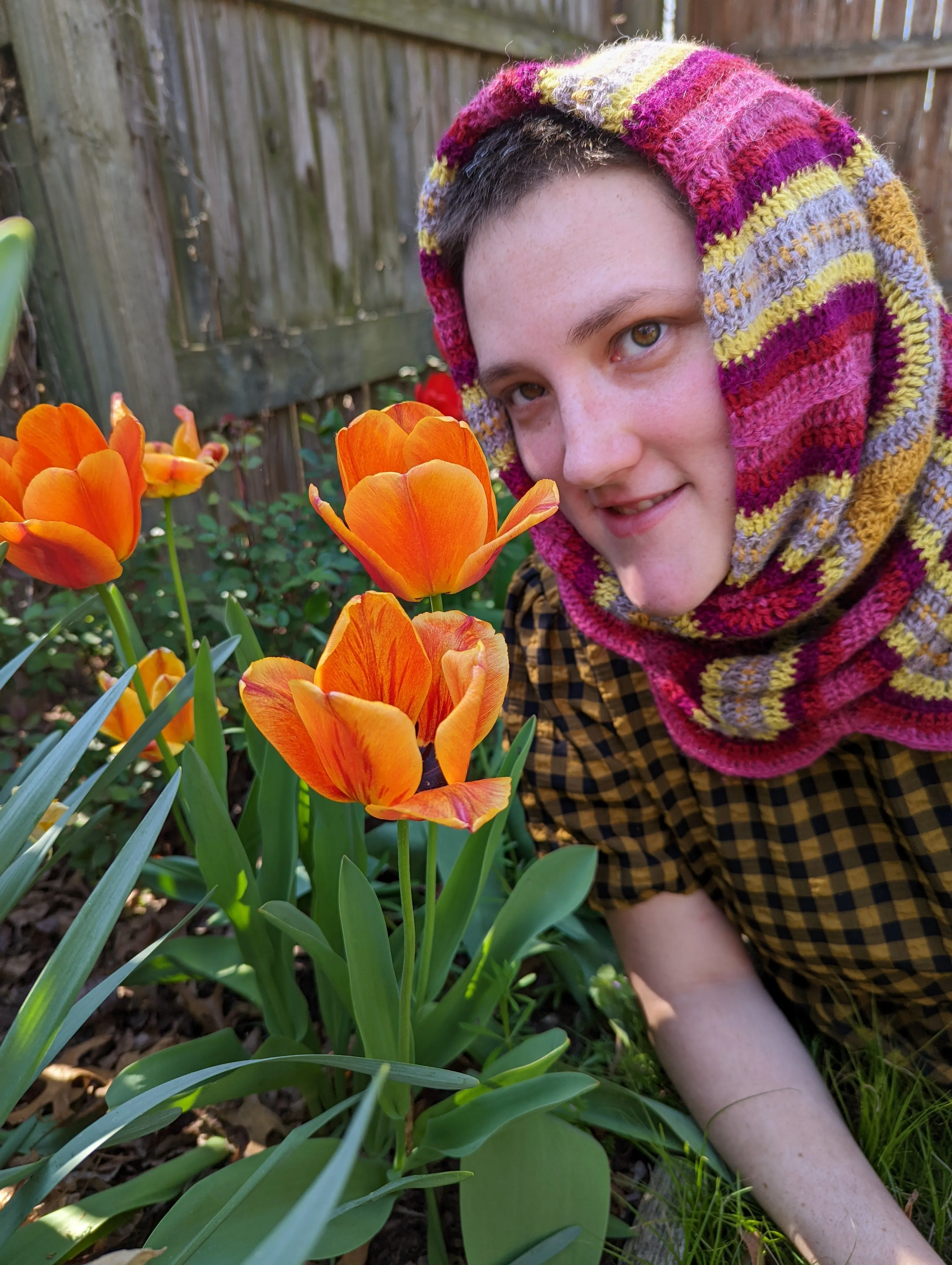 Handmade Ribbon Candy Cowl: Warm Pink, Deep Burgundy, Chartreuse