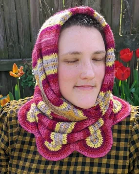 Handmade Ribbon Candy Cowl: Warm Pink, Deep Burgundy, Chartreuse