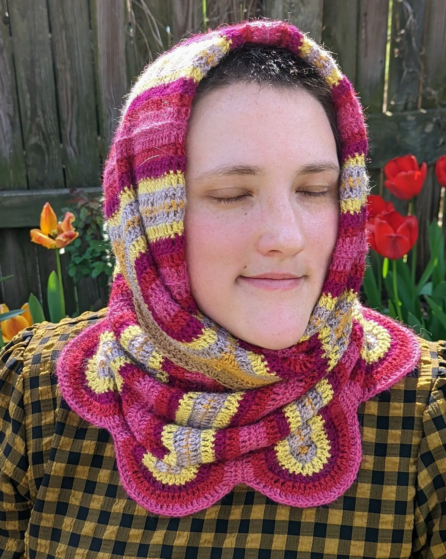 Handmade Ribbon Candy Cowl: Warm Pink, Deep Burgundy, Chartreuse