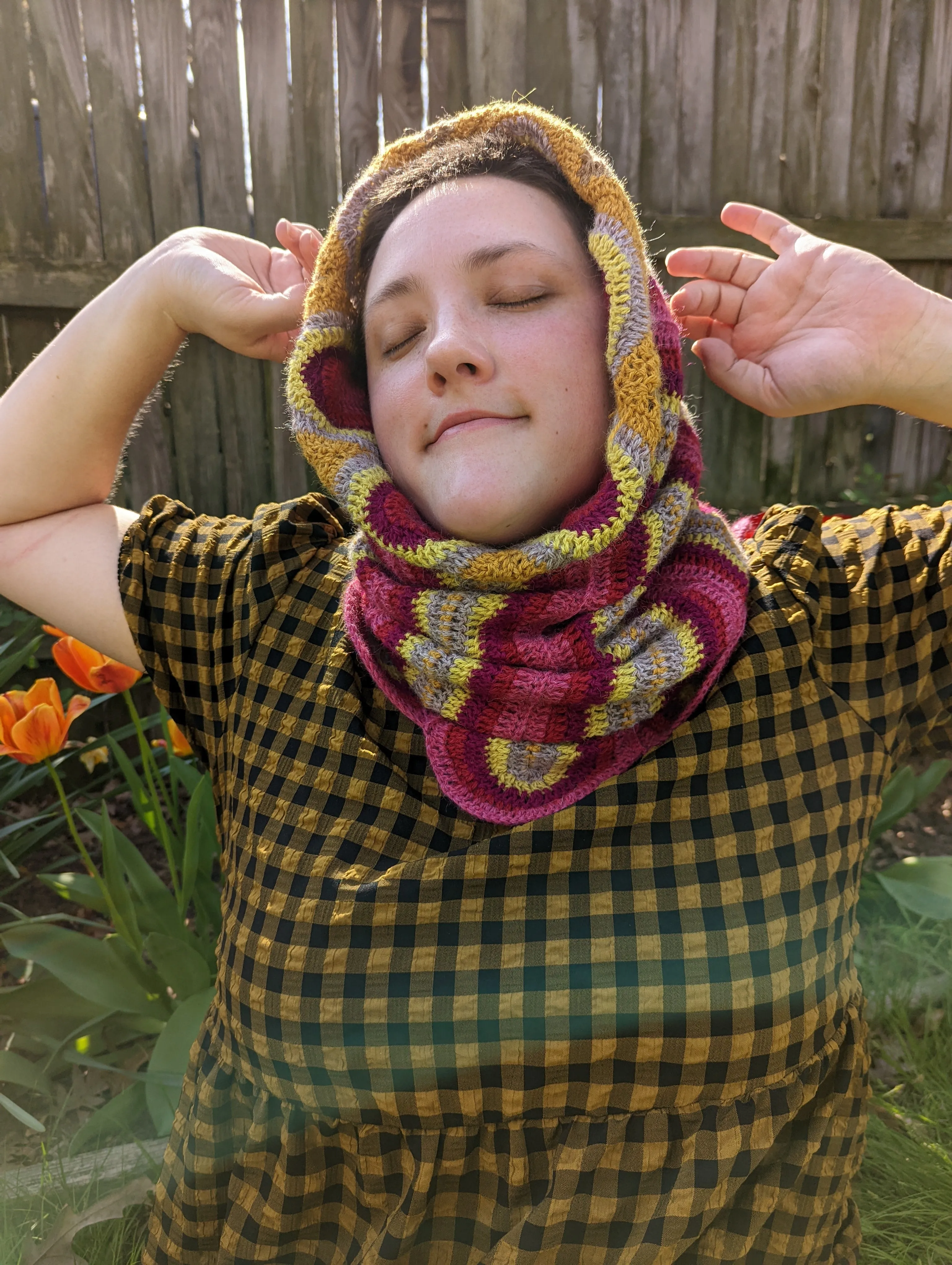 Handmade Ribbon Candy Cowl: Warm Pink, Deep Burgundy, Chartreuse