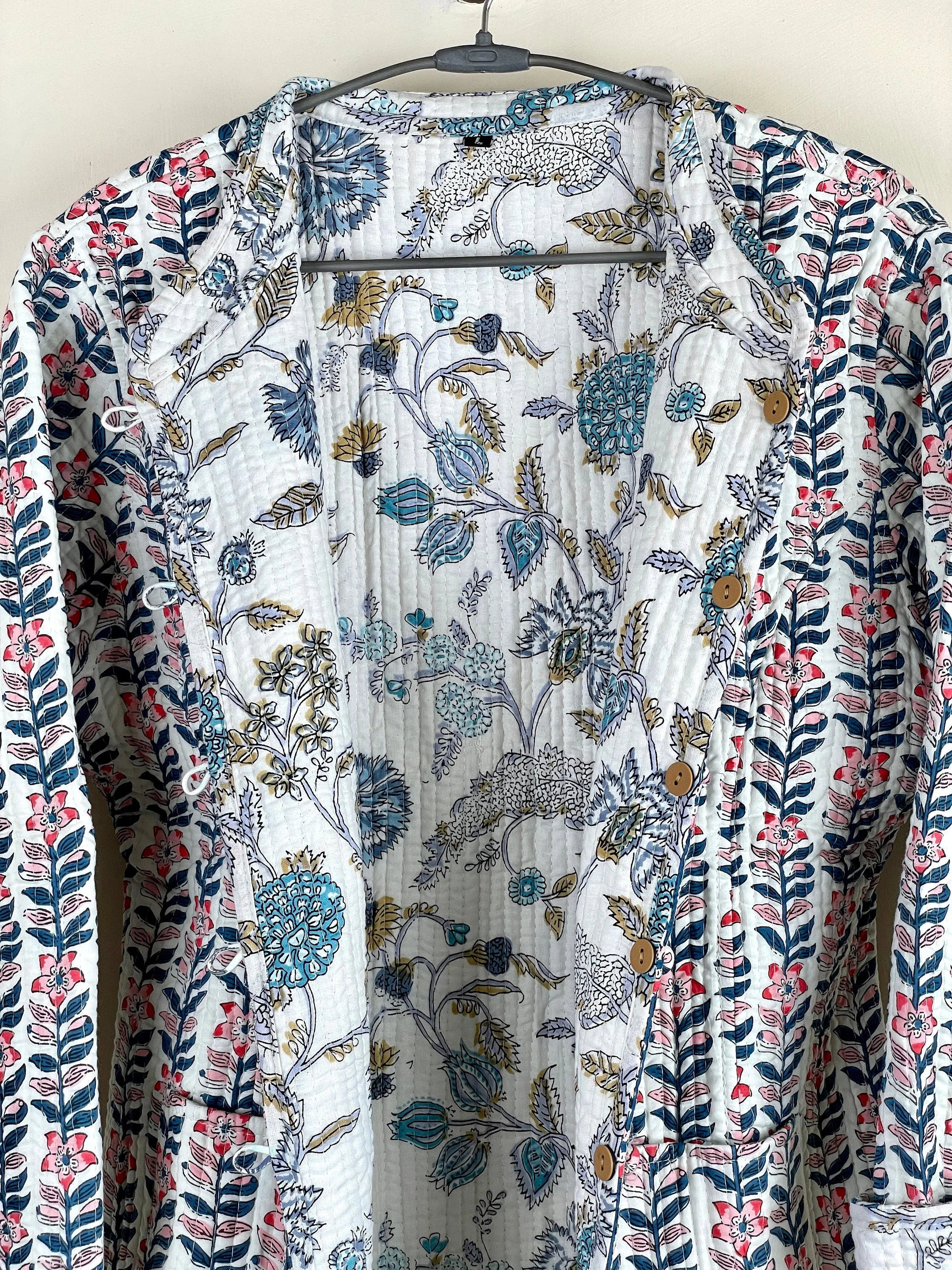 Indian Handmade Quilted Cotton Fabric Jacket Stylish White, Blue & Pink Floral Women's Coat, Reversible Waistcoat, Christmas Gift for Her