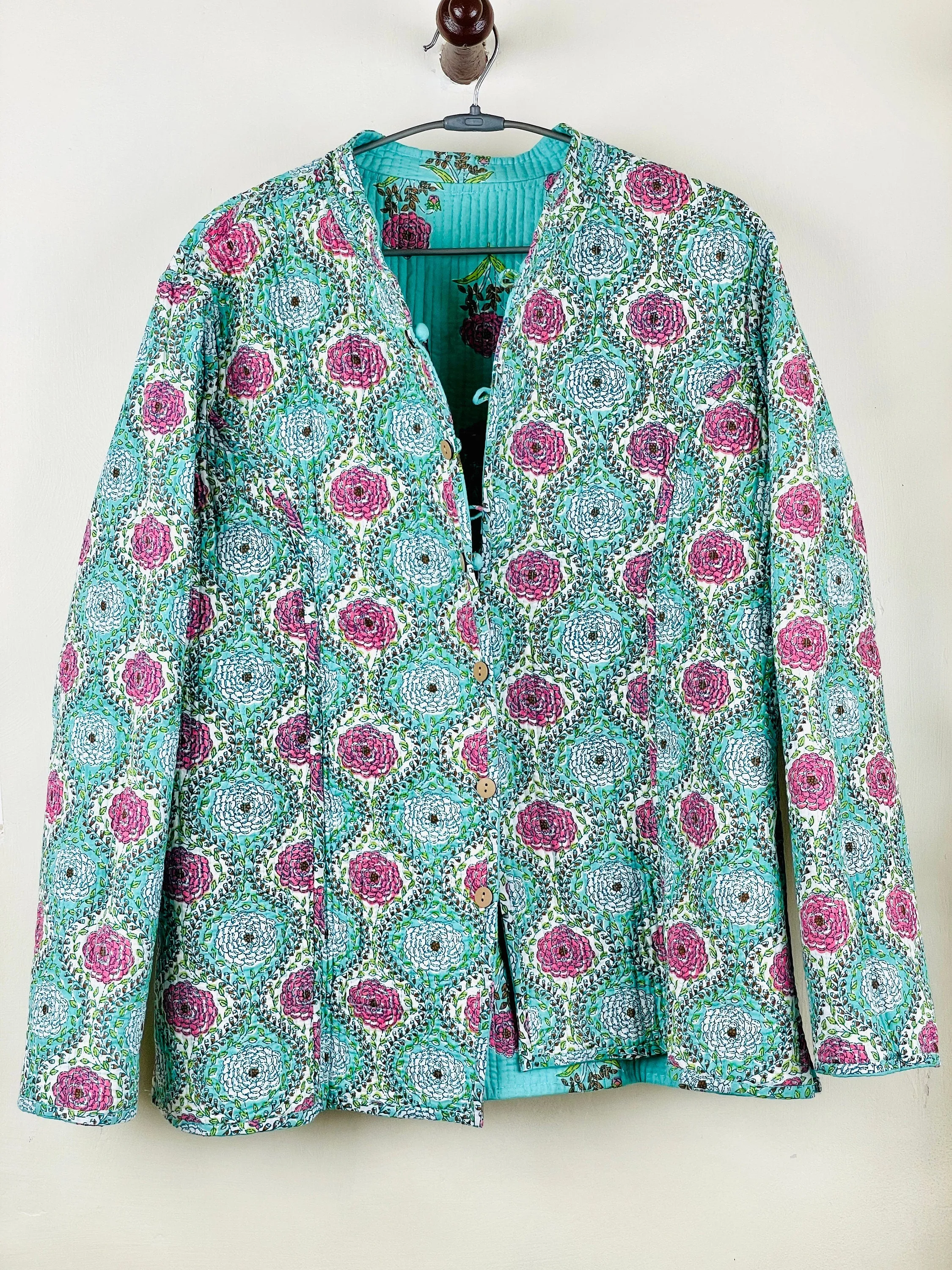 Indian Handmade Quilted Fabric Jacket Stylish Blue & Pink Floral Women's Coat, Reversible Jacket for Her